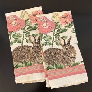 Vintage Stevens Linens Rabbits and Roses Printed Hand Towel Pair